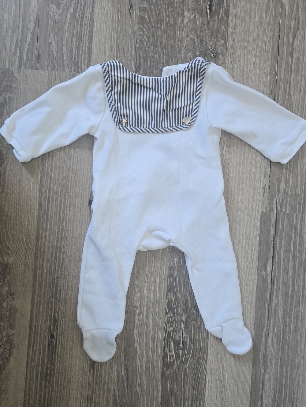 Jacadi White Footed One-Piece with Navy Striped Bib